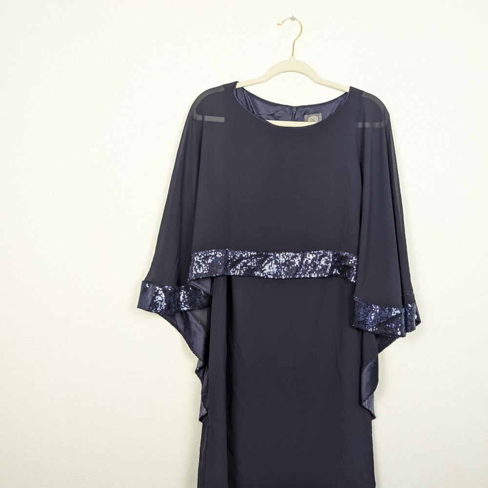 Vince Camuto Cape Sheath Dress 8 Navy Sequin Trim Cocktail NWT - Picture 3 of 9